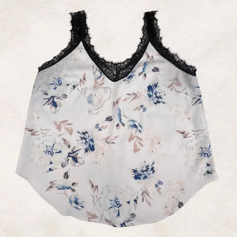 Cami XL Blue Pink Floral Lace Trim Edge Boho V Neck Romantic Lightweight Blouse - Picture 5 of 8